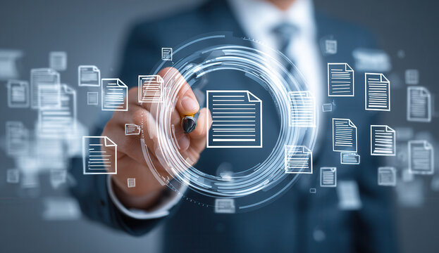 Business professional interacting with digital documents in a modern office setting