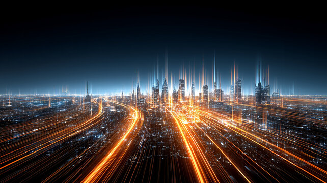 A panoramic city view illuminated by flowing orange light trails symbolizing connectivity, infrastructure evolution and digital transformation at scale.
 - Powered by Adobe