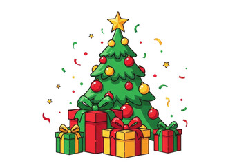 Christmas tree with gifts and confetti isolated on transparent background
