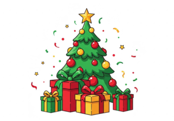Christmas tree with gifts and confetti isolated on transparent background
