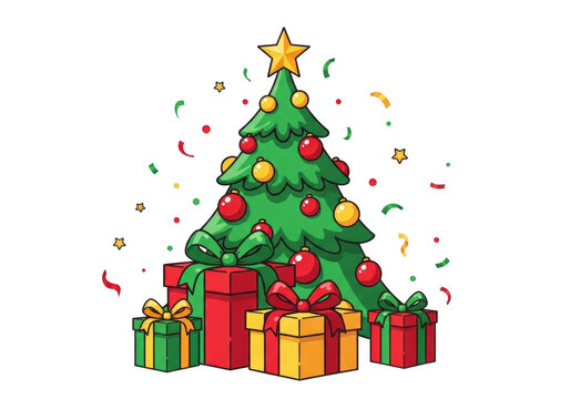 Christmas tree with gifts and confetti isolated on transparent background - Powered by Adobe