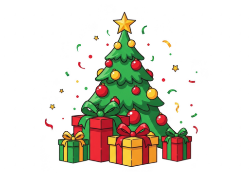 Christmas tree with gifts and confetti isolated on transparent background
