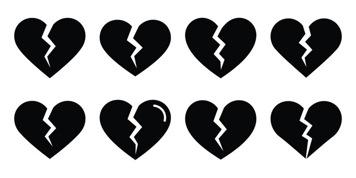 broken heart Valentine's Day icon set silhouette style and isolated on white background Vector illustration