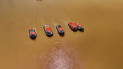 River Boats Aerial View  Waterway Transport  Thai River from Above flood