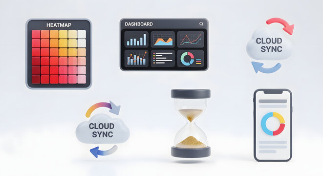 Data Visualization and Synchronization Concept with Charts and Cloud Icons.