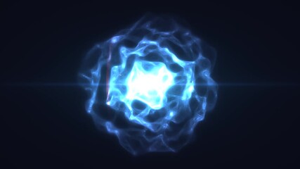 Abstract glowing blue energy sphere with fluid light waves, radiating futuristic power and cosmic motion