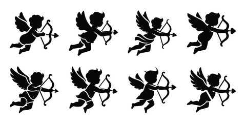 cupid fly Valentine's Day icon set silhouette style and isolated on white background Vector illustration