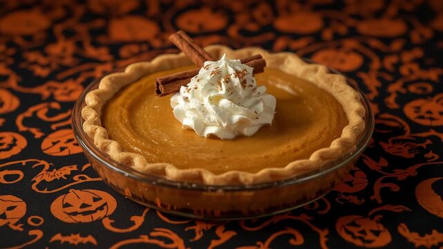 A delicious pumpkin pie topped with whipped cream and cinnamon sticks, presented on a festive Halloween tablecloth.