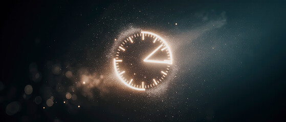 Floating luminous clock hands ticking in empty air without a clock face, surrounded by spark-particles.