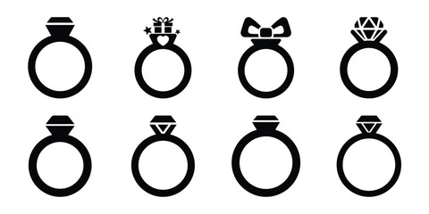 gifted ring Valentine's Day icon set silhouette style and isolated on white background Vector illustration