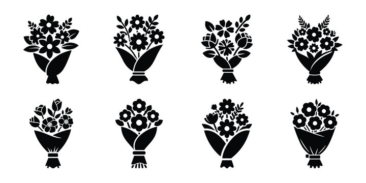 flower bouquet Valentine's Day icon set silhouette style and isolated on white background Vector illustration