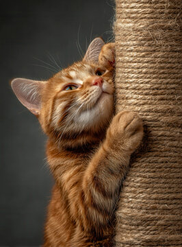 Cute ginger kitten plays with a scratching post in a cozy indoor setting, showcasing playful behavior and curiosity