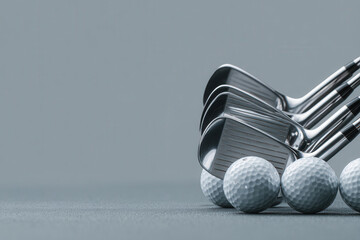 Golf clubs and balls arranged on a smooth surface for a practice session in a quiet indoor setting