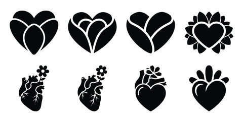 heart flower Valentine's Day icon set silhouette style and isolated on white background Vector illustration