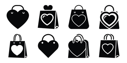 heart gift bag Valentine's Day icon set silhouette style and isolated on white background Vector illustration