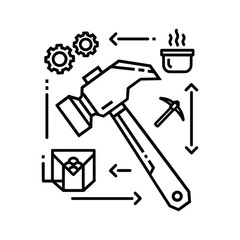 Illustration of the mining industry, including gears, a hammer, a pickaxe, and a box of ore isolated on