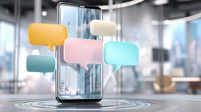 Smartphone with floating chat bubbles emerging from the screen, representing instant messaging social media conversations and modern digital customer communication.