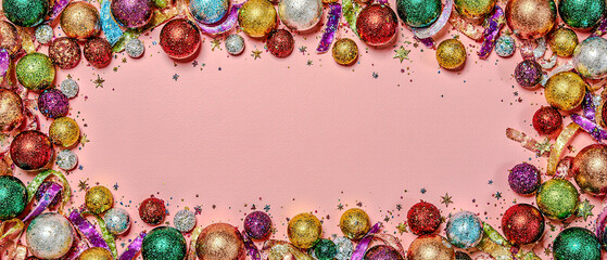 Festive ribbons and glitter around the border, central area free for message.