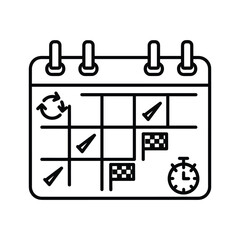 A black and white line drawing of a calendar with marks isolated on