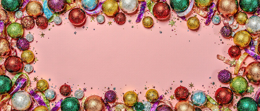 Festive ribbons and glitter around the border, central area free for message.