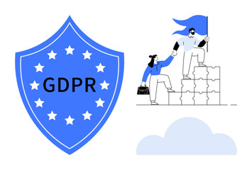 Blue GDPR shield with stars alongside two individuals climbing puzzle steps symbolizing teamwork, data security, and regulation compliance. Ideal for business, legal, privacy, teamwork, cloud