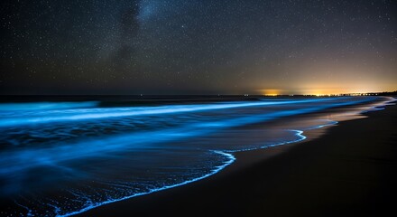 Mesmerizing Bioluminescent Waves Illuminate the Dark Shoreline Under a Breathtaking Blanket of Stars, Creating a Stunning Natural Spectacle