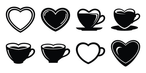 heart tea cup Valentine's Day icon set silhouette style and isolated on white background Vector illustration