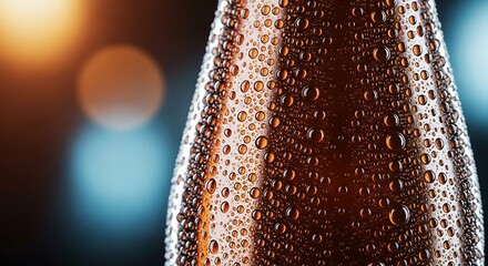 Close-up of a cold, condensation-covered glass bottle filled with a beverage, illuminated by soft, out-of-focus lights