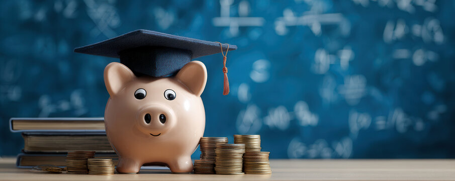 Piggy bank in a graduation cap surrounded by stacks of coins and books on a classroom background