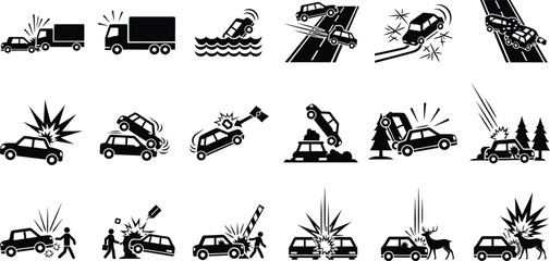 Car accident vector icon set of collision insurance crash damage traffic transportation wreck hit and run road automobile safety pictogram symbol