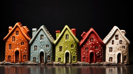 Colorful ceramic house figurines in a row with dark background