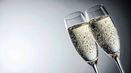 Crystal champagne glasses clinking, placed on left; right gradient free for copy.