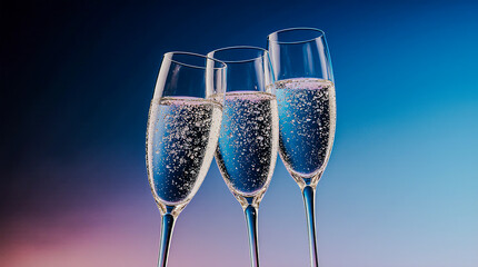 Crystal champagne glasses clinking, placed on left; right gradient free for copy.