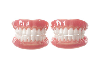 Obraz premium Two identical full dentures, front view, showing rows of white teeth and pink gum tissue