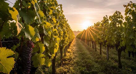 Vineyard at Dawn Sunlight Peeking Through Rows of Grapevines, Scenic Landscape