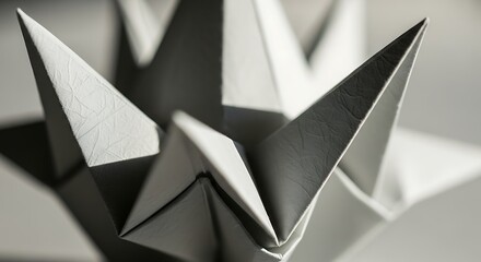Abstract close-up of a geometric origami paper sculpture with sharp folds and dramatic shadows creating a star-like shape
