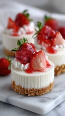 Delicious mini cheesecake with fresh strawberries and whipped cream on marble board