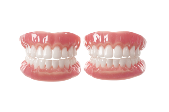 Two identical full dentures, front view, showing rows of white teeth and pink gum tissue