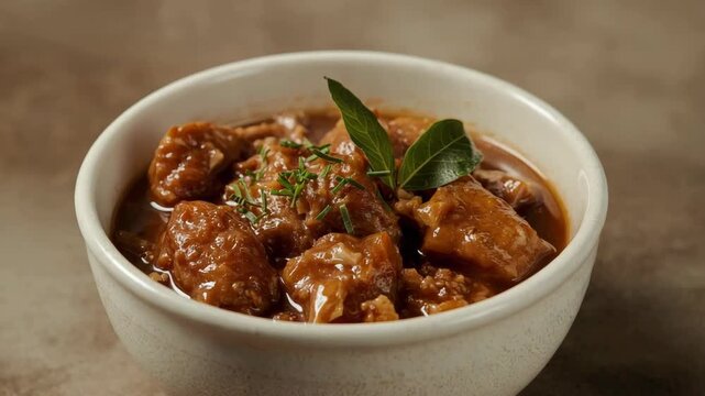 A savory bowl of tender braised meat stew in rich gravy, garnished with fresh herbs, served in a rustic white bowl.