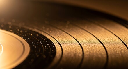 Golden light illuminates the detailed grooves of a classic black vinyl record, capturing the warm essence of analog audio and musical nostalgia