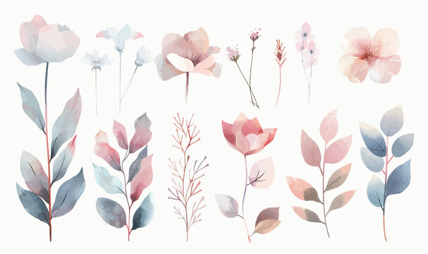 Watercolor botanical elements collection featuring delicate flowers and leaves in soft pastel hues for elegant spring and wedding designs