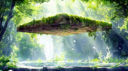 A surreal floating island covered in moss and vegetation hovers in a sun-dappled, mystical forest with a waterfall in the background.