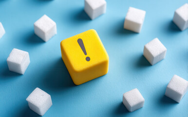 Bright yellow caution block surrounded by sugar cubes on a blue background highlights health awareness about sugar consumption