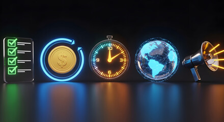 Digital icons representing time global reach and communication all in one place.