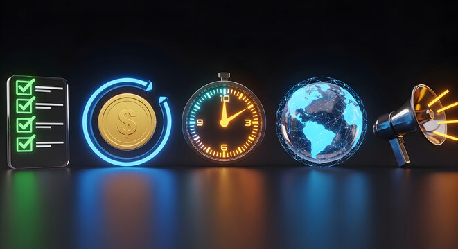 Digital icons representing time global reach and communication all in one place.