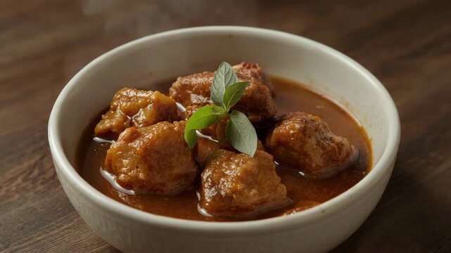 A steaming bowl of tender braised pork stew in a rich, savory brown gravy, garnished with fresh basil and served in a rustic ceramic bowl.