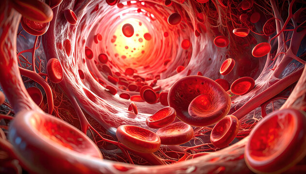 Microscopic view of blood vessels with red blood cells, medical illustration.