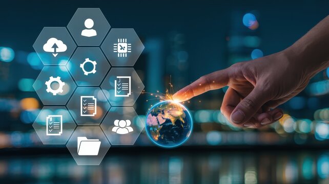 Human finger interacts with glowing digital interface icons hovering over a miniature illuminated globe against a dark urban background