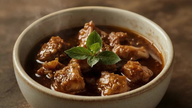A steaming bowl of savory pork adobo or braised meat stew, rich in dark glossy sauce and garnished with fresh basil, served in a rustic ceramic bowl.