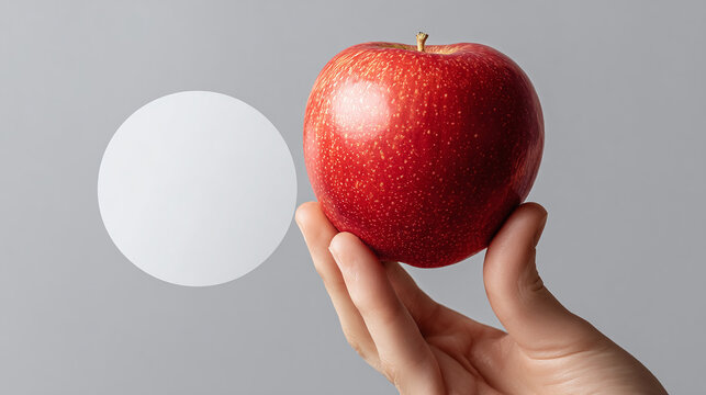 A hand holding a red apple with a circular shape, creating a minimalist and symbolic composition. The apple is vibrant and contrasts the object on the left